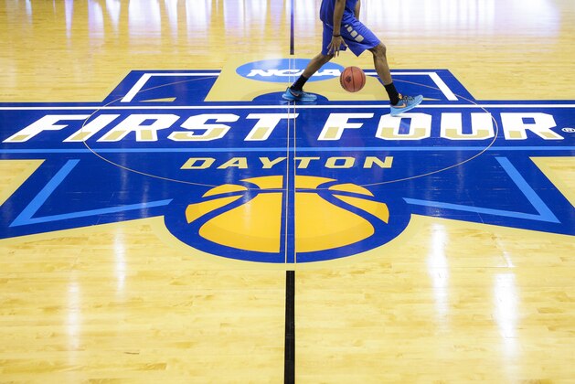 A Tulsa men's basketball player practices before the start of a First Four men's college basketball game in the NCAA Tournament Tuesday, March 15, 2016, in Dayton, Ohio. (AP Photo/John Minchillo)
