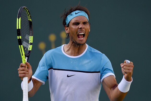 Rafael Nadal, of Spain, reacts after defeating Fernando Verdasco, of Spain, during the BNP Paribas Open tennis tournament, Tuesday, March 15, 2016, in Indian Wells, Calif. (AP Photo/Mark J. Terrill)