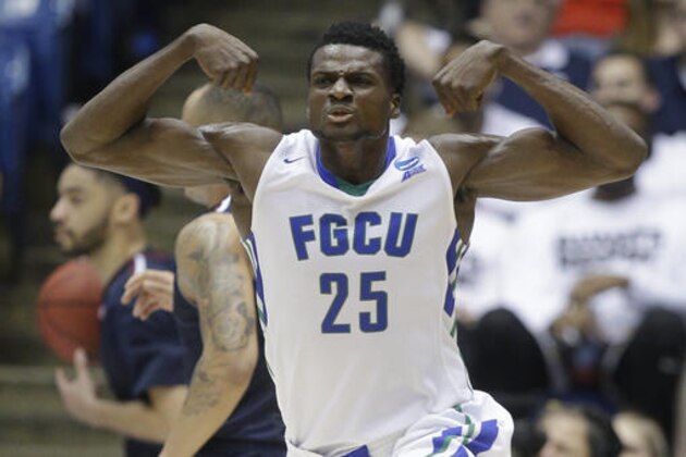 Florida Gulf Coast's Marc Eddy Norelia (25) reacts in the second half of a First Four game of the NCAA college basketball tournament against Fairleigh Dickinson, Tuesday, March 15, 2016, in Dayton, Ohio. (AP Photo/John Minchillo)