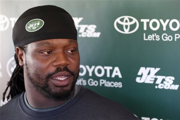 FILE - In this July 31, 2015, file photo, New York Jets nose tackle Damon Harrison talks with reporters at NFL football training camp in Florham Park, N.J. Harrison has made his presence felt on the Jets' defense, working his way from being an undrafted free agent out of William Penn in 2012 to a starting NFL nose tackle. (AP Photo/Adam Hunger, File)