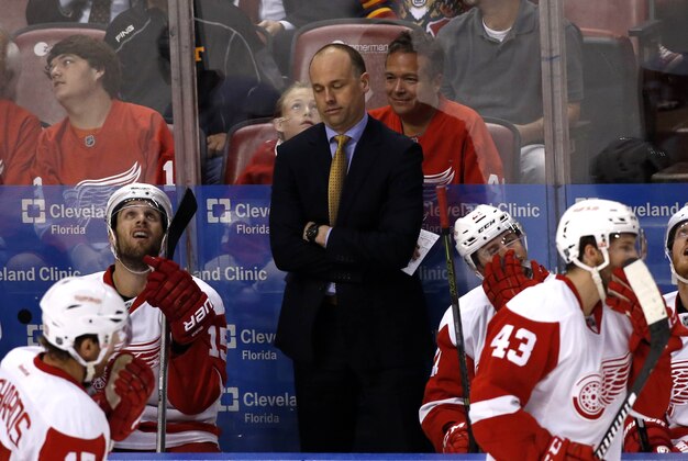 Feb 4, 2016; Sunrise, FL, USA; Detroit Red Wings head coach Jeff Blashill reacts in the first period of a game against the Florida Panthers at BB&T Center. The Panthers won 6-3.  Mandatory Credit: Robert Mayer-USA TODAY Sports
