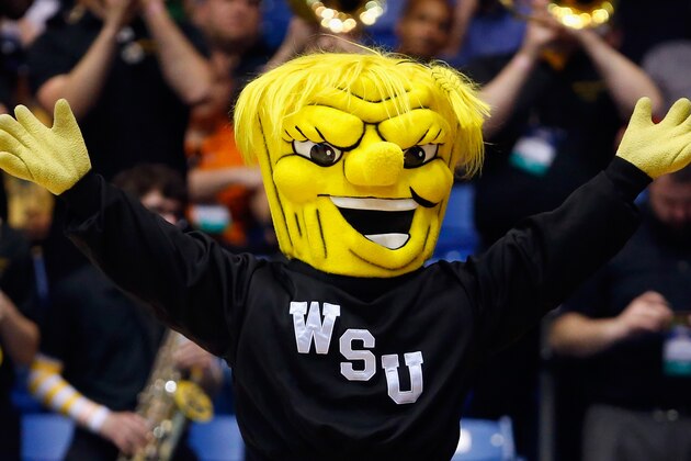 DAYTON, OH - MARCH 15:  The Wichita State Shockers mascot performs during the game between the Wichita State Shockers and the Vanderbilt Commodores in the first round of the 2016 NCAA Men's Basketball Tournament at UD Arena on March 15, 2016 in Dayton, Ohio.  (Photo by Gregory Shamus/Getty Images)