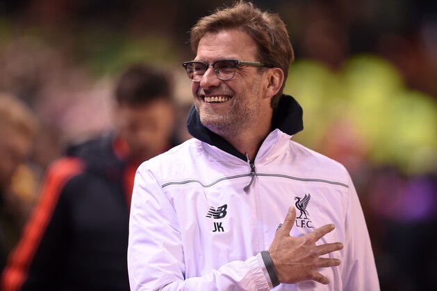 Liverpool's German manager Jurgen Klopp reacts ahead of the UEFA Europa League round of 16, first leg football match between Liverpool and Manchester United at Anfield in Liverpool, northwest England on March 10, 2016. / AFP / PAUL ELLIS        (Photo credit should read PAUL ELLIS/AFP/Getty Images)
