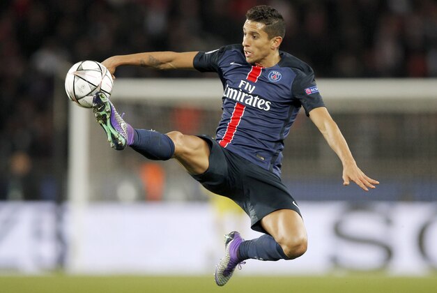 PSG's Marquinhos controls the ball during the Champions League round of 16, 1st leg soccer match between Paris Saint Germain and Chelsea at the Parc des Princes stadium in Paris, France, Tuesday, Feb. 16, 2016. (AP Photo/Christophe Ena)