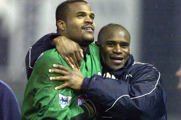 12 Jan 2000:  Pegguy Arphexad  and Frank Sinclair of Leicester celebrate after the penalty shoot out during the match between Leicester City and Fulham in the Worthington Cup Fifth Round at Filbert Street, Leicester. Mandatory Credit: Ross Kinnaird/ALLSPORT