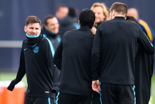 BARCELONA, SPAIN - MARCH 15:  Lionel Messi of FC Barcelona looks on  during a training session ahead of their UEFA Champions Leage round of 16 second leg match against Arsenal FC at Ciutat Esportiva on March 15, 2016 in Barcelona, Spain.  (Photo by David Ramos/Getty Images)