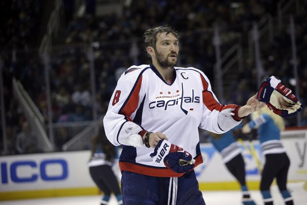 Washington Capitals' Alex Ovechkin (8) during an NHL hockey game against the San Jose Sharks Saturday, March 12, 2016, in San Jose, Calif. (AP Photo/Marcio Jose Sanchez)