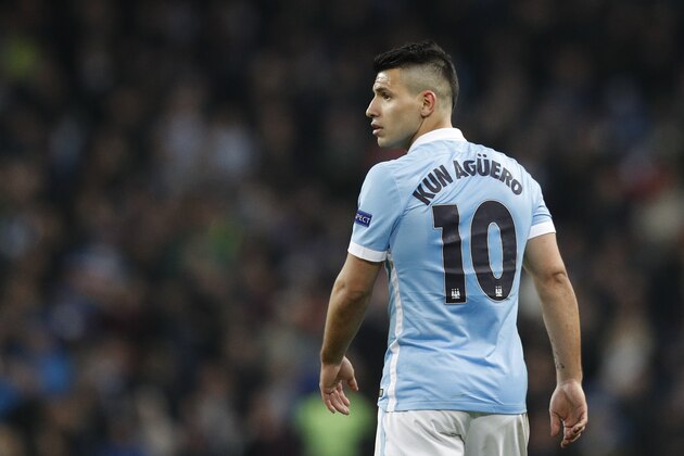 Manchester City's Sergio Aguero looks round at play  during the Champions League round of 16 second leg soccer match between Manchester City and Dynamo Kiev at the Etihad Stadium, Manchester, England, Tuesday, March. 15, 2016. (AP Photo/Jon Super)