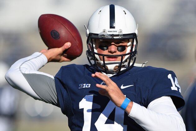 Oct 31, 2015; University Park, PA, USA; Penn State Nittany Lions quarterback Christian Hackenberg (14) warms up prior to the game against the Illinois Fighting Illini at Beaver Stadium.  Penn State won 39-0.  Mandatory Credit: Rich Barnes-USA TODAY Sports