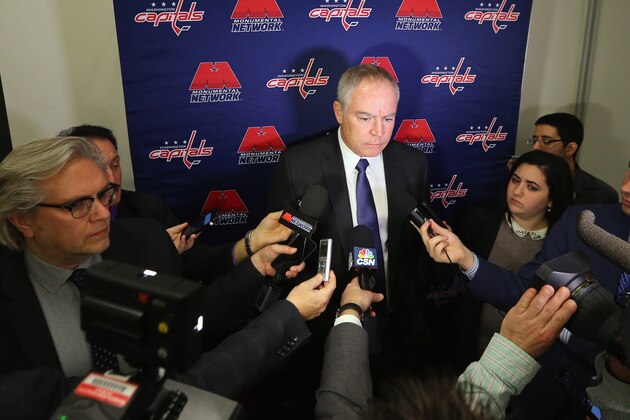 NEW YORK, NY - JANUARY 07:  Caps senior vice president and general manager Brian MacLellan of the Washington Capitals speaks with the media prior to the game against the New York Islanders at the Barclays Center on January 7, 2016 in the Brooklyn borough of New York City.  (Photo by Bruce Bennett/Getty Images)