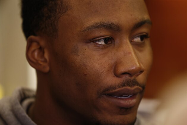 New York Jets wide receiver Brandon Marshall talks to the media as the team clears out their lockers at the team's NFL football training facility, Monday, Jan.4, 2016, in Florham Park, N.J. (AP Photo/Rich Schultz)