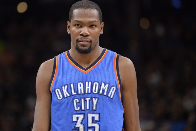 Oklahoma City Thunder forward Kevin Durant walks up court during the first half of an NBA basketball game against the San Antonio Spurs, Saturday, March 12, 2016, in San Antonio. San Antonio won 93-85. (AP Photo/Darren Abate)