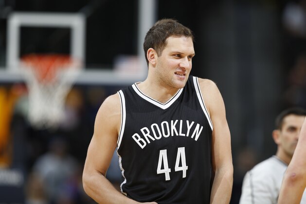 Brooklyn Nets guard Bojan Bogdanovic (44) in the first half of an NBA basketball game Friday, March 4, 2016, in Denver. (AP Photo/David Zalubowski)