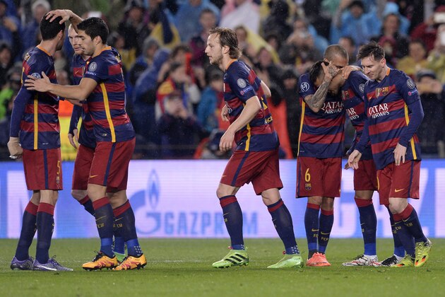 Barcelona's players celebrate a goal during the UEFA Champions League Round of 16 second leg football match FC Barcelona vs Arsenal FC at the Camp Nou stadium in Barcelona on March 16, 2016.  / AFP / JOSEP LAGO        (Photo credit should read JOSEP LAGO/AFP/Getty Images)