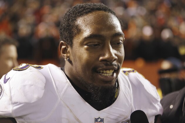 Baltimore Ravens strong safety Will Hill reacts after a 33-27 win over the Cleveland Browns in an NFL football game Monday, Nov. 30, 2015, in Cleveland. (AP Photo/David Richard)