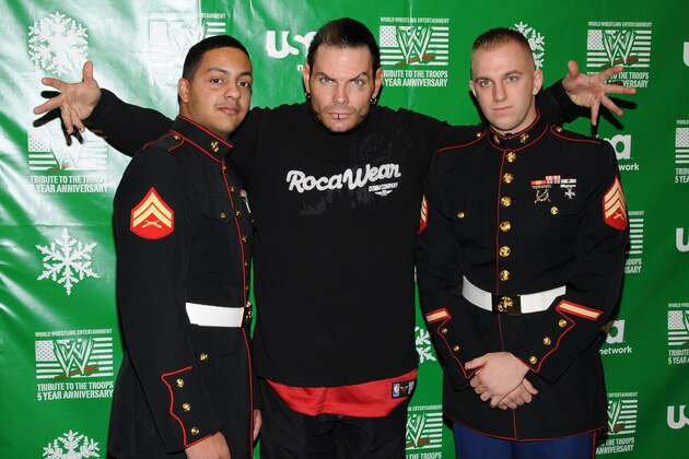 NEW YORK - DECEMBER 18:   (L-R) Marine Cpl. Guilbe, wrestler Jeff Hardy and Marine Sgt. Lahey attend the WWE and USA Network help U.S Marine Corp Toys for Tots Foundation event at the NBC Experience store on December 18, 2007 in New York City.  (Photo by Bryan Bedder/Getty Images)