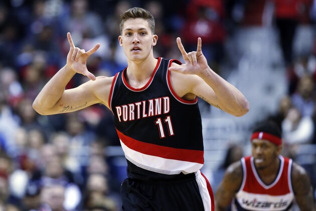 Portland Trail Blazers forward Meyers Leonard (11) reacts after a play in the second half of an NBA basketball game against the Washington Wizards, Monday, Jan. 18, 2016, in Washington. The Trail Blazers won 108-98. (AP Photo/Alex Brandon)