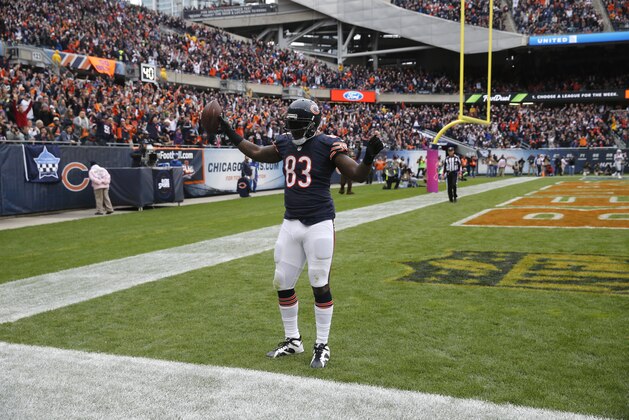 Chicago Bears tight end Martellus Bennett (83) dances on the end zone after a touchdown during the first half of an NFL football game against the Oakland Raiders, Sunday, Oct. 4, 2015, in Chicago. (AP Photo/Charles Rex Arbogast)