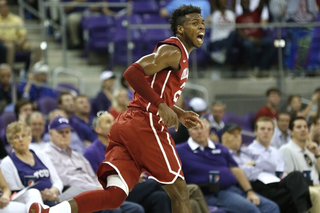 Oklahoma guard Buddy Hield reacts after scoring a basket as Oklahoma takes on TCU during the first half of an NCAA college basketball game, Saturday, March 5, 2016, in Fort Worth, Texas. Oklahoma won 75-67.(AP Photo/Ron Jenkins) Oklahoma guard Buddy Hield reacts after scoring a basket as Oklahoma takes on TCU during the first half of an NCAA college basketball game, Saturday, March 5, 2016, in Fort Worth, Texas. Oklahoma won 75-67.(AP Photo/Ron Jenkins)