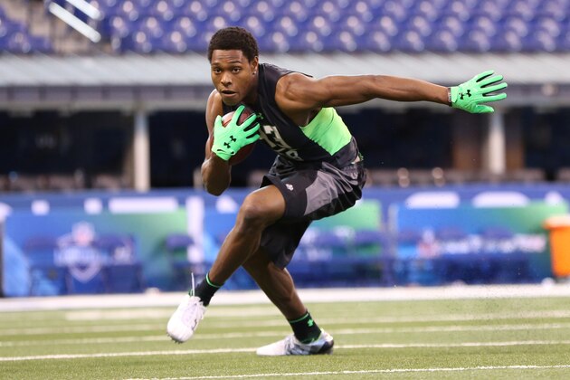 Florida State defensive back Jalen Ramsey performs a drill at the NFL football scouting combine Monday, Feb. 29, 2016, in Indianapolis. (AP Photo/Gregory Payan)