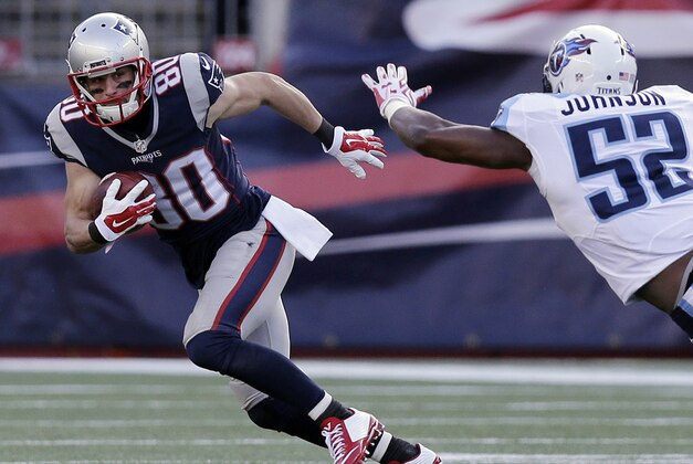 New England Patriots wide receiver Danny Amendola (80) runs from Tennessee Titans linebacker Steven Johnson (52) in the first half of an NFL football game, Sunday, Dec. 20, 2015, in Foxborough, Mass. (AP Photo/Charles Krupa)
