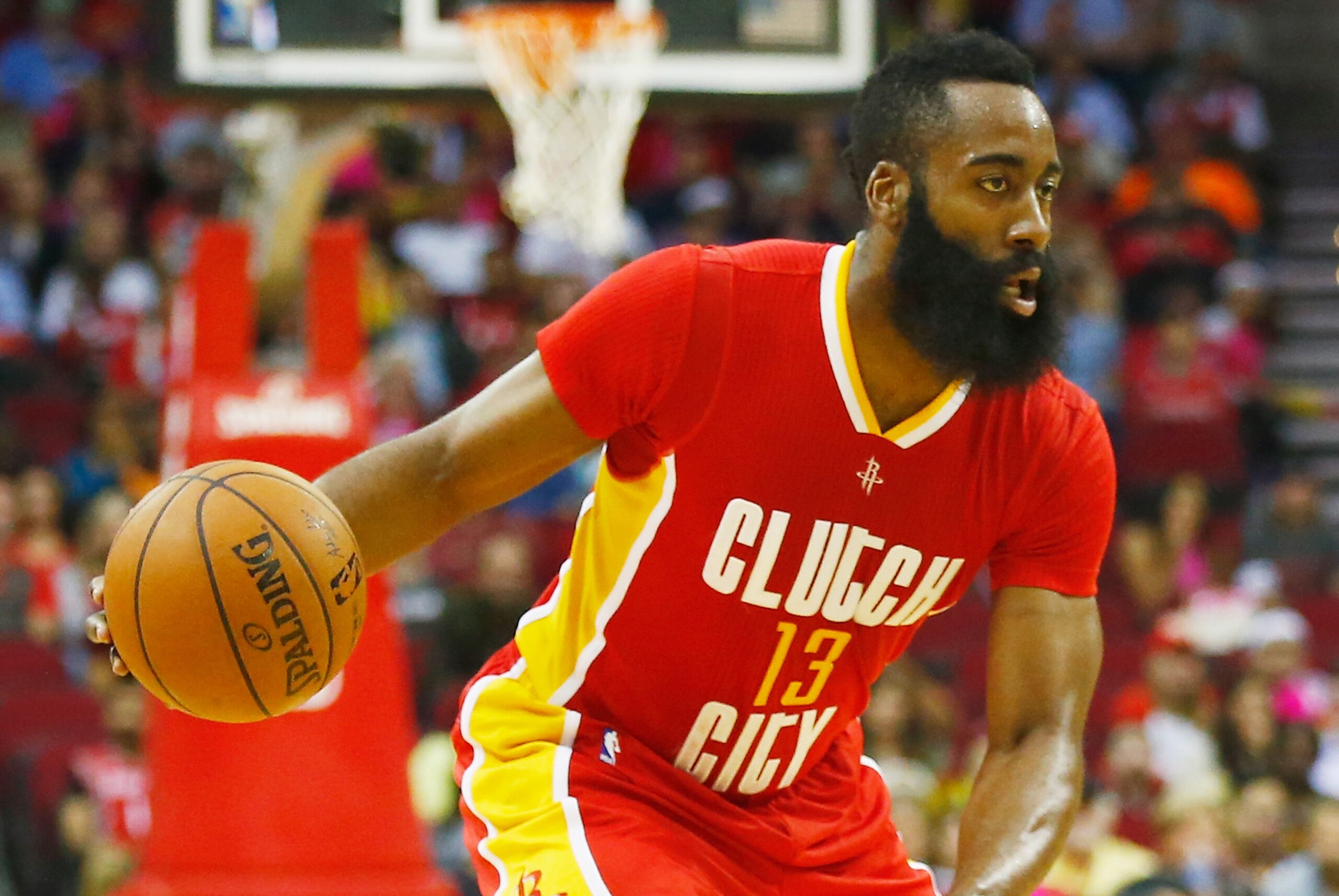 HOUSTON, TX - MARCH 16:  James Harden #13 of the Houston Rockets takes the basketball up the court against the Los Angeles Clippers during their game at the Toyota Center on March 16, 2016 in Houston, Texas.  NOTE TO USER: User expressly acknowledges and agrees that, by downloading and or using this Photograph, user is consenting to the terms and conditions of the Getty Images License Agreement.  (Photo by Scott Halleran/Getty Images)
