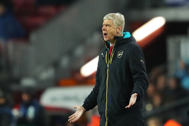 BARCELONA, SPAIN - MARCH 16: Arsene Wenger Manager of Arsenal gestures during the UEFA Champions League round of 16, second Leg match between FC Barcelona and Arsenal FC at Camp Nou on March 16, 2016 in Barcelona, Spain.  (Photo by Richard Heathcote/Getty Images)