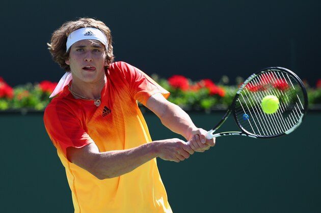 INDIAN WELLS, CA - MARCH 13:  Alexander Zverev of Germany in action in his match against Grigor Dimitrov of Bulgaria during day seven of the BNP Paribas Open at Indian Wells Tennis Garden on March 13, 2016 in Indian Wells, California.  (Photo by Julian Finney/Getty Images)