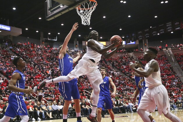 San Diego State forward Angelo Chol looks to put up a shot against the IPFW in the first half of a NIT opening round NCAA college basketball game, Tuesday March 15, 2016, in San Diego. (AP Photo/Lenny Ignelzi)