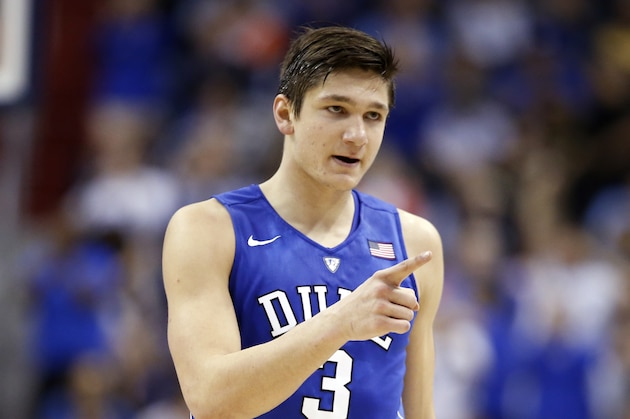 Duke guard Derryck Thornton (12) and Duke guard Grayson Allen (3) react as they walk to the bench for a time out during the first half of an NCAA college basketball game in the Atlantic Coast Conference tournament against Notre Dame, Thursday, March 10, 2016, in Washington. (AP Photo/Alex Brandon)