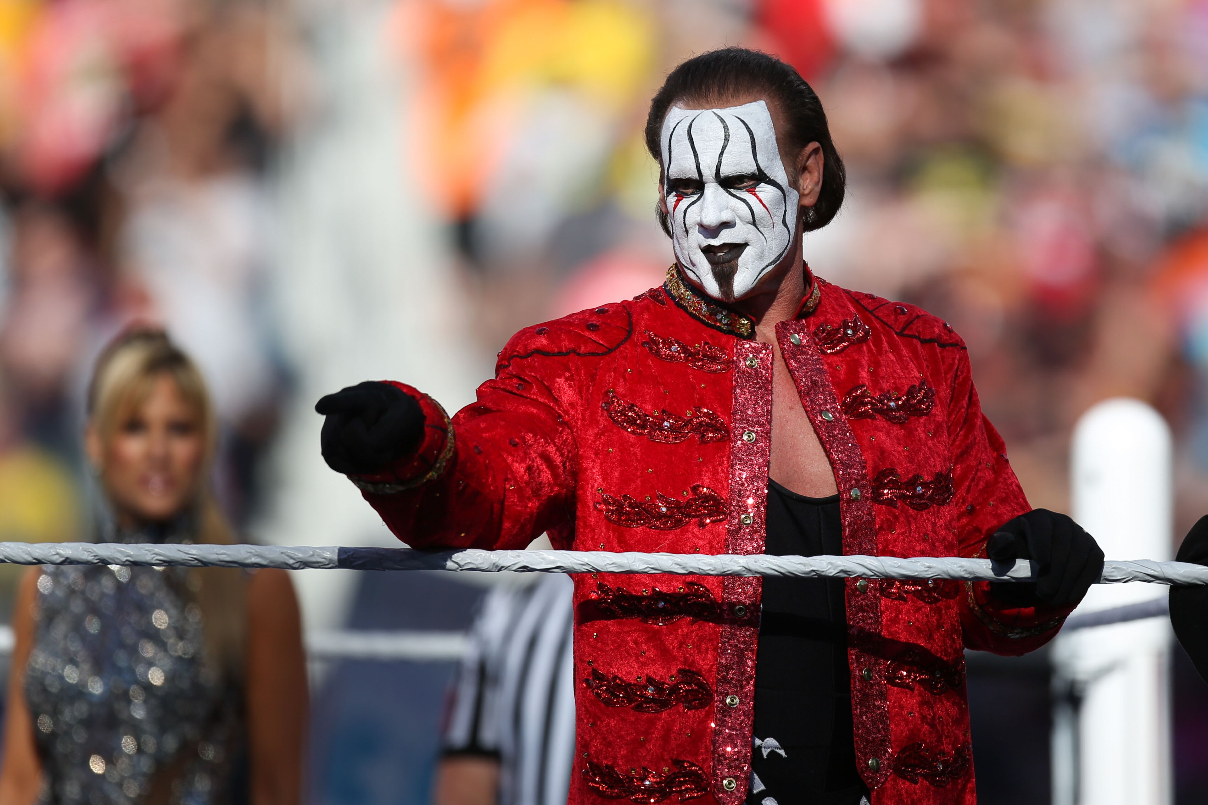 WWE Superstar Sting makes his first ever WrestleMania appearance at Levi’s Stadium on Sunday, March 29, 2015 in Santa Clara, CA. WrestleMania broke the Levi’s Stadium attendance record at 76,976 fans from all 50 states and 40 countries. (Don Feria/AP Images for WWE)