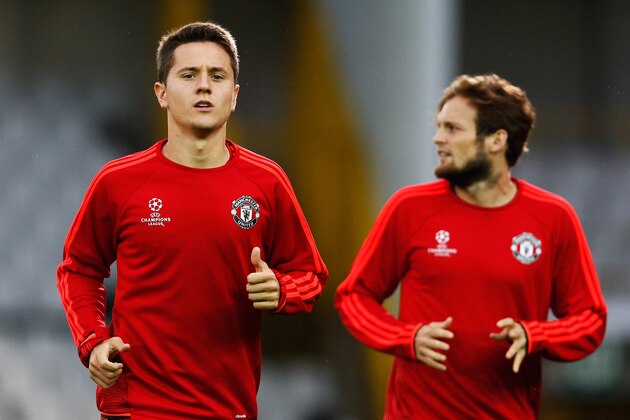 BRUGGE, BELGIUM - AUGUST 25:  Ander Herrera and Daley Blind of Manchester United warm up during the Manchester United training session held at Jan Breydel Stadium on August 25, 2015 in Brugge, Belgium.  (Photo by Dean Mouhtaropoulos/Getty Images)