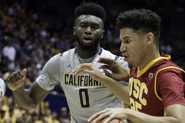 Southern California's Bennie Boatwright, right, drives the ball against California's Jaylen Brown (0) in the first half of an NCAA college basketball game Sunday, Feb. 28, 2016, in Berkeley, Calif. (AP Photo/Ben Margot)