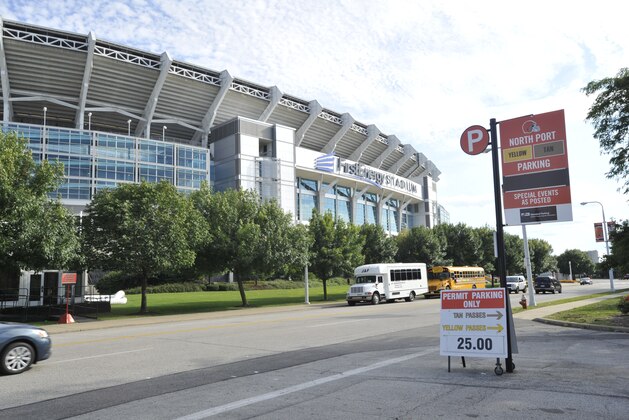 FirstEnergy Stadium in Cleveland is shown from a parking lot before a preseason NFL football game between the Detroit Lions and Cleveland Browns Thursday, Aug. 15, 2013. (AP Photo/David Richard)