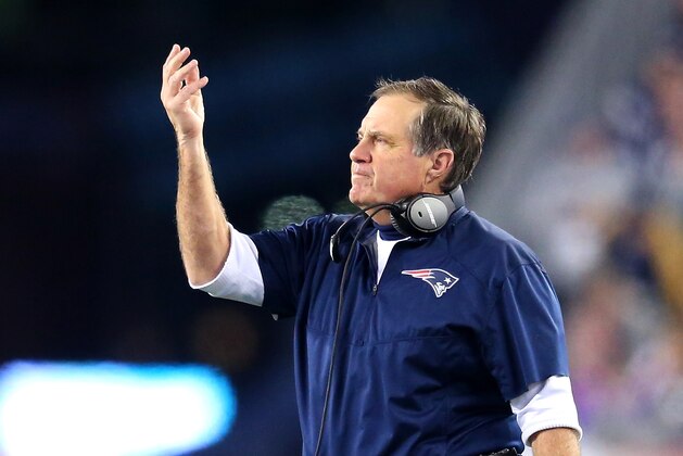 FOXBORO, MA - JANUARY 16: Head coach Bill Belichick of the New England Patriots gestures in the first half against the Kansas City Chiefs during the AFC Divisional Playoff Game at Gillette Stadium on January 16, 2016 in Foxboro, Massachusetts.  (Photo by Jim Rogash/Getty Images)