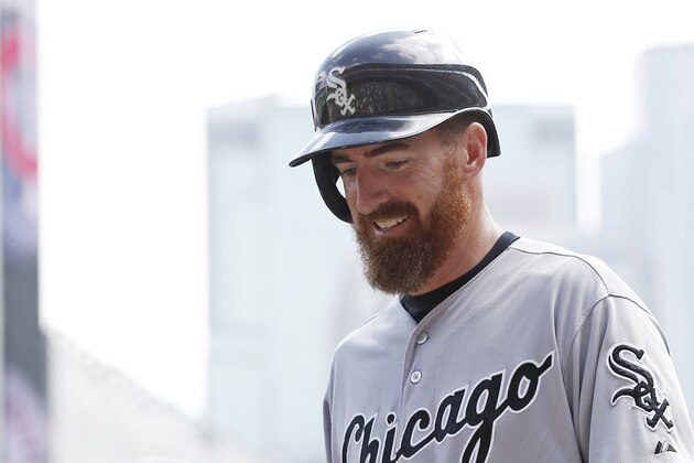 Chicago White Sox’ Adam LaRoche smiles after he scored on a single by Alexei Ramirez off Minnesota Twins pitcher Kyle Gibson in the fourth inning of a baseball game, Thursday, Sept. 3, 2015, in Minneapolis. (AP Photo/Jim Mone)