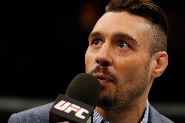 LONDON, ENGLAND - MARCH 08:  Dan Hardy interviews Louis Gaudinot after his submission victory over Phil Harris in their flyweight fight during the UFC Fight Night London event at the O2 Arena on March 8, 2014 in London, England. (Photo by Josh Hedges/Zuffa LLC/Zuffa LLC via Getty Images)