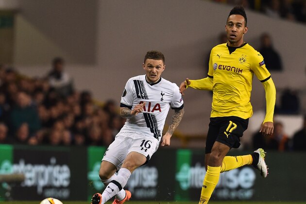 Borussia Dortmund's Gabonese striker Pierre-Emerick Aubameyang (R) vies with Tottenham Hotspur's English defender Kieran Trippier during the UEFA Europa League round of 16, second leg football match between Tottenham Hotspur and Borussia Dortmund at White Hart Lane in London on March 17, 2016. / AFP / Ben STANSALL        (Photo credit should read BEN STANSALL/AFP/Getty Images)