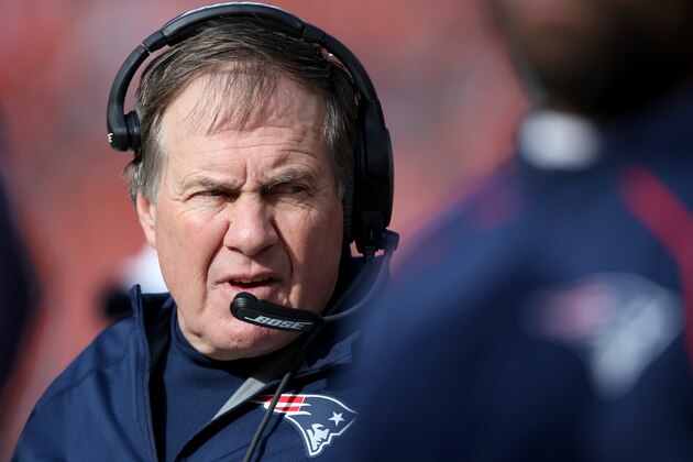 DENVER, CO - JANUARY 24:  Head coach Bill Belichick of the New England Patriots looks on in the first half against the Denver Broncos in the AFC Championship game at Sports Authority Field at Mile High on January 24, 2016 in Denver, Colorado.  (Photo by Doug Pensinger/Getty Images)