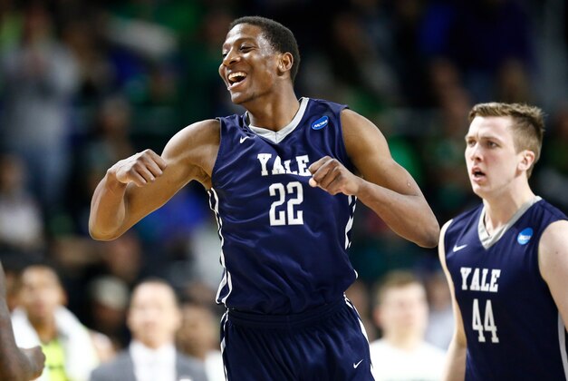 Mar 17, 2016; Providence, RI, USA; Yale Bulldogs forward Justin Sears (22) celebrates during the first half of a first round game against the Baylor Bears during the 2016 NCAA Tournament at Dunkin Donuts Center. Mandatory Credit: Mark L. Baer-USA TODAY Sports