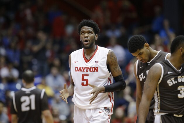 Dayton's Steve McElvene reacts after he lost control of a rebound during the second half of their NCAA college basketball game against St. Bonaventure, Saturday, Feb. 20, 2016, in Dayton, Ohio. St. Bonaventure won 79-72. (AP Photo/John Minchillo)