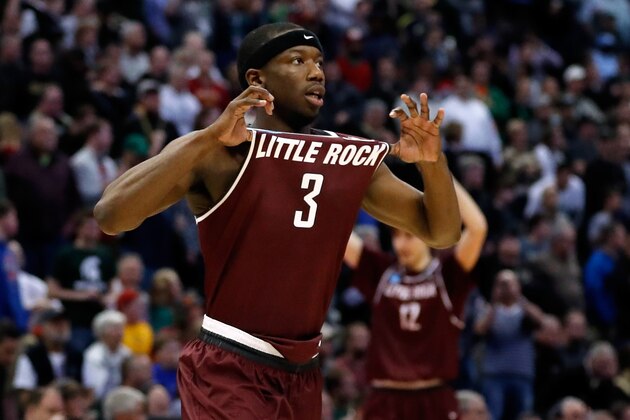 DENVER, CO - MARCH 17:  Josh Hagins #3 of the Arkansas Little Rock Trojans reacts during the game against the Purdue Boilermakers during the first round of the 2016 NCAA Men's Basketball Tournament at the Pepsi Center on March 17, 2016 in Denver, Colorado.  (Photo by Justin Edmonds/Getty Images)