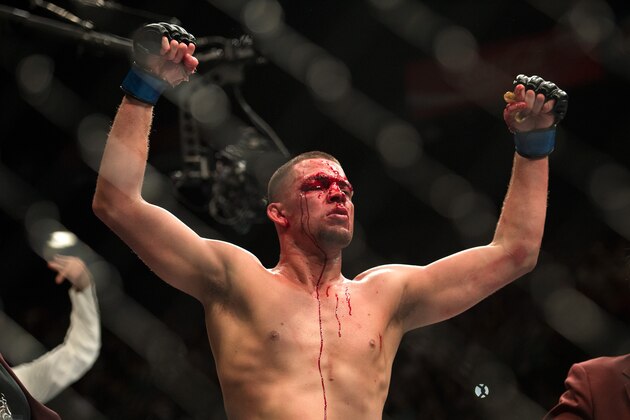 LAS VEGAS, NV - MARCH 5:   Nate Diaz celebrates his submission victory over Conor McGregor in their welterweight bout during the UFC 196 in the MGM Grand Garden Arena on March 5, 2016 in Las Vegas, Nevada. (Photo by Brandon Magnus/Zuffa LLC/Zuffa LLC via Getty Images)