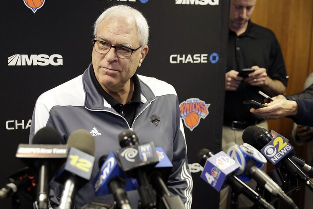 New York Knicks president Phil Jackson speaks to reporters during a news conference in Greenburgh, N.Y., Monday, Feb. 8, 2016. Derek Fisher was fired as New York Knicks coach Monday, with his team having lost five straight and nine of 10 to fall well back in the Eastern Conference playoff race. (AP Photo/Seth Wenig)