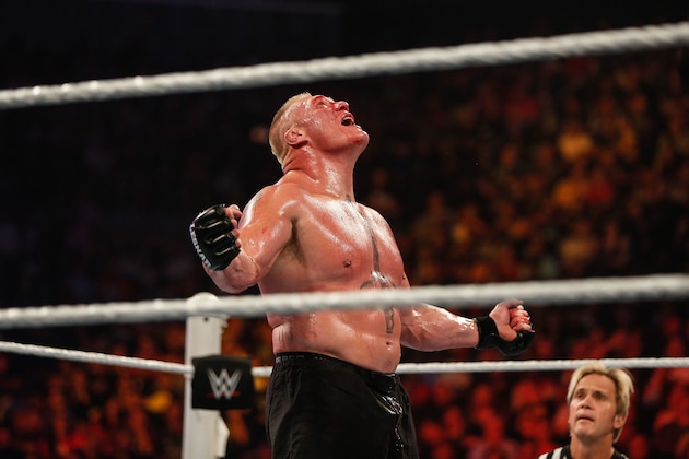 NEW YORK, NY - AUGUST 23:  Brock Lesnar in action during his fight against The Undertaker at the WWE SummerSlam 2015 at Barclays Center of Brooklyn on August 23, 2015 in New York City.  (Photo by JP Yim/Getty Images)
