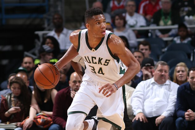 Milwaukee, WI - MARCH 15: Giannis Antetokounmpo #34 of the Milwaukee Bucks handles the ball against the Toronto Raptors on March 15, 2016 at the BMO Harris Bradley Center in Milwaukee, Wisconsin. NOTE TO USER: User expressly acknowledges and agrees that, by downloading and or using this Photograph, user is consenting to the terms and conditions of the Getty Images License Agreement. Mandatory Copyright Notice: Copyright 2016 NBAE (Photo by Gary Dineen/NBAE via Getty Images) Milwaukee, WI - MARCH 15: Giannis Antetokounmpo #34 of the Milwaukee Bucks handles the ball against the Toronto Raptors on March 15, 2016 at the BMO Harris Bradley Center in Milwaukee, Wisconsin. NOTE TO USER: User expressly acknowledges and agrees that, by downloading and or using this Photograph, user is consenting to the terms and conditions of the Getty Images License Agreement. Mandatory Copyright Notice: Copyright 2016 NBAE (Photo by Gary Dineen/NBAE via Getty Images)