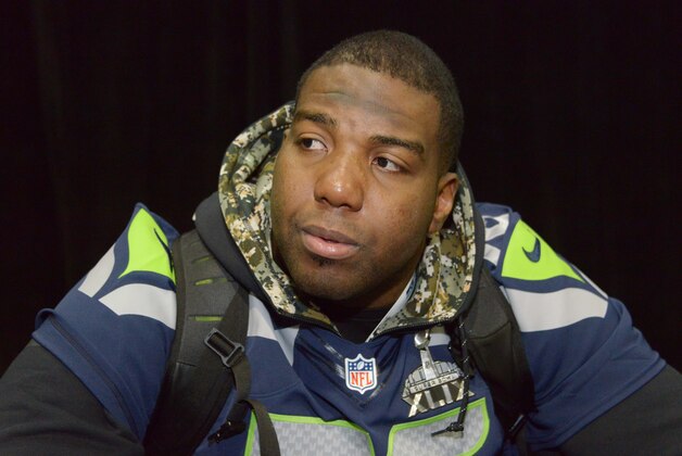 Jan 29, 2015; Phoenix, AZ, USA; Seattle Seahawks tackle Russell Okung (76) at press conference at Arizona Grand in advance of Super Bowl XLIX. Mandatory Credit: Kirby Lee-USA TODAY Sports