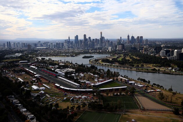 MELBOURNE, AUSTRALIA - MARCH 14:  An aerial view of the track including Albert Park Lake during qualifying for the Australian Formula One Grand Prix at Albert Park on March 14, 2015 in Melbourne, Australia.  (Photo by Mark Thompson/Getty Images)