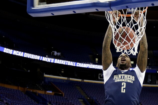 Pittsburgh's Michael Young dunks the ball during practice ahead of a first-round men's college basketball game in the NCAA tournament, Thursday, March 17, 2016, in St. Louis. Pittsburgh plays Wisconsin on Friday. (AP Photo/Charlie Riedel) Pittsburgh's Michael Young dunks the ball during practice ahead of a first-round men's college basketball game in the NCAA tournament, Thursday, March 17, 2016, in St. Louis. Pittsburgh plays Wisconsin on Friday. (AP Photo/Charlie Riedel)