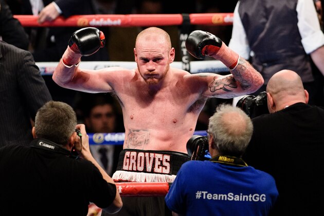 British boxer George Groves poses for photographers after defeating Italian boxer Andrea Di Luisa during their International Super-Middleweight contest in east London, England on January 30, 2016.  / AFP / LEON NEAL        (Photo credit should read LEON NEAL/AFP/Getty Images)